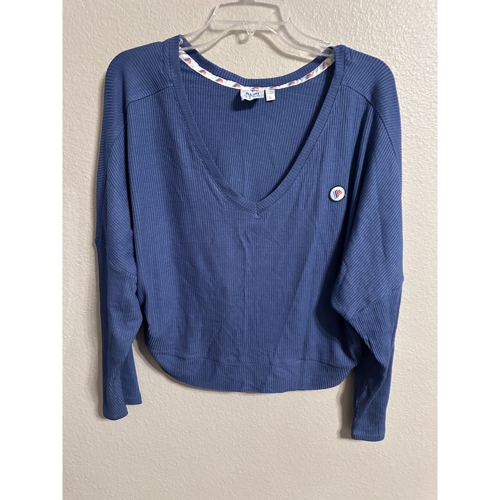 ALDI GEAR Blue Ribbed V Neck‎ Long Sleeve Cropped Sweater Size L